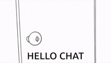 a black and white drawing of a cat with a speech bubble that says hello chat