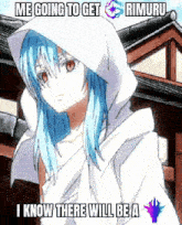 a girl with blue hair and red eyes is wearing a white hoodie and a white robe .