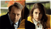 a man and a woman are looking at each other and talking . the woman is wearing a yellow jacket .