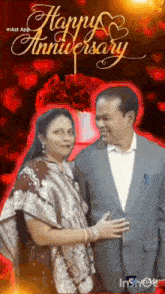 a man and woman are posing for a picture with the words happy anniversary
