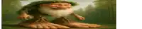 a painting of a troll with a beard and huge feet standing in the woods .