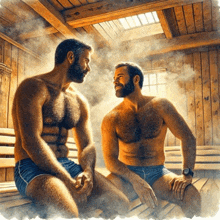 a painting of two men sitting on a bench talking