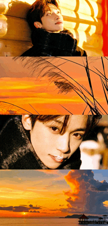 a collage of images shows a man in a fur coat and a sunset