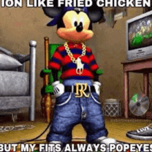 mickey mouse is wearing a striped shirt and jeans and a necklace .