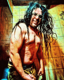 a shirtless man with long hair and sunglasses smiles
