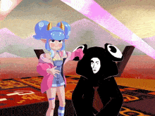 a cartoon of a girl standing next to a black and white character