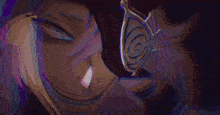 a close up of a person 's face with purple hair and a mask on