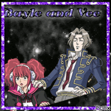 a picture of bayle and vee with purple borders