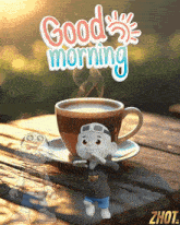 a cup of coffee with the words good morning written on it