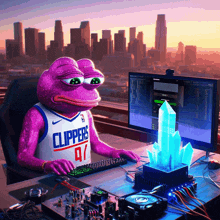 a purple frog in a clippers jersey sits at a desk