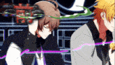 two anime characters are standing next to each other with a purple line going through their heads