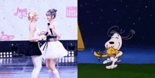 a couple of women are dancing on a stage next to a cartoon character .