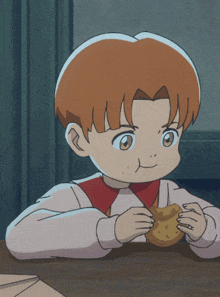 a little boy with red hair is eating a piece of bread