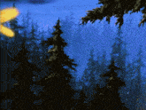 a painting of a forest with trees in the background
