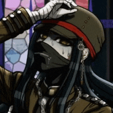 a drawing of a person wearing a hat and a mask with a stained glass window in the background .