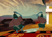 a couple of cartoon characters are dancing in front of a building .