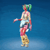 a girl with red horns and green hair is wearing knee pads