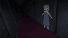 a girl in a blue dress is standing in a hallway