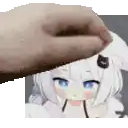 a hand is holding a picture of a white anime girl with blue eyes .