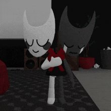two cartoon characters are standing next to each other in a room