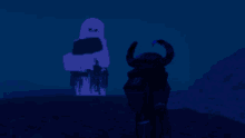a blue monster with horns is standing in front of a purple monster