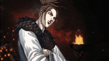 a cartoon of a man with his arms crossed and a fire in the background