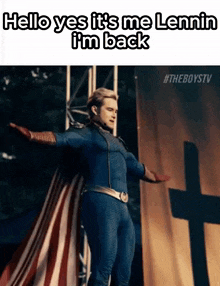 a man in a superhero costume is standing in front of a cross with his arms outstretched