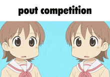 two anime girls are standing next to each other under a sign that says pout competition