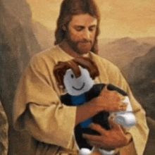 a painting of jesus holding a stuffed animal in his hands .