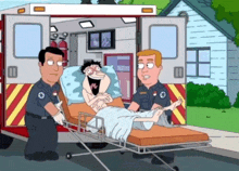 a cartoon of a man in an ambulance being pushed by a paramedic