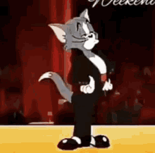 a cartoon cat is wearing a tuxedo and dancing on a stage .