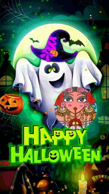 a happy halloween greeting card with a ghost wearing a witch 's hat