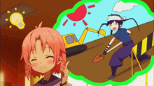 a cartoon drawing of a girl with pink hair and a boy with a shovel