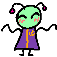 a drawing of a green alien wearing a purple dress