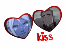 a couple of hearts with a man and a woman and the word kiss