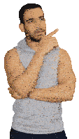 a man with a beard wearing a grey sleeveless shirt is thinking