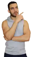 a man with a beard wearing a grey sleeveless shirt is thinking