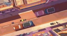 an aerial view of cars driving down a street with a disney premiere logo in the corner