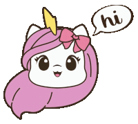 a cartoon unicorn with pink hair and a lightning bolt on her head says hi