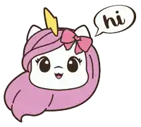 a cartoon unicorn with pink hair and a lightning bolt on her head says hi