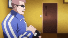 a cartoon character wearing sunglasses and a blue jacket stands in front of a door