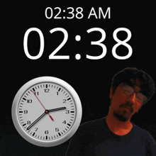 a man with glasses stands in front of a clock that reads 2:38 am