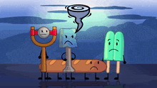 a group of cartoon characters are standing next to each other with a tornado coming out of the sky above them