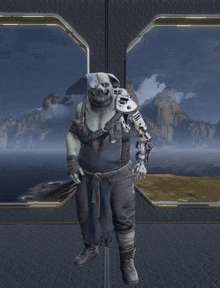 a man with a robotic head is standing in front of a window with mountains in the background