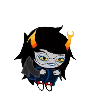 a cartoon drawing of a girl with horns wearing glasses and a shirt with the letter m on it