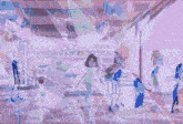 a group of people are dancing in front of a gumball machine sign