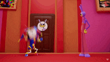 a cartoon character is holding a hammer in front of a door with a rabbit on it