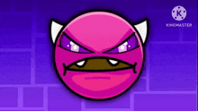 a pink cartoon character with horns on a purple background