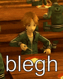 a boy in a green jacket is sitting at a table with a plate of food and the word blegh written on it