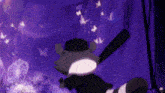 a cartoon character is standing in front of a purple curtain with butterflies flying around him .